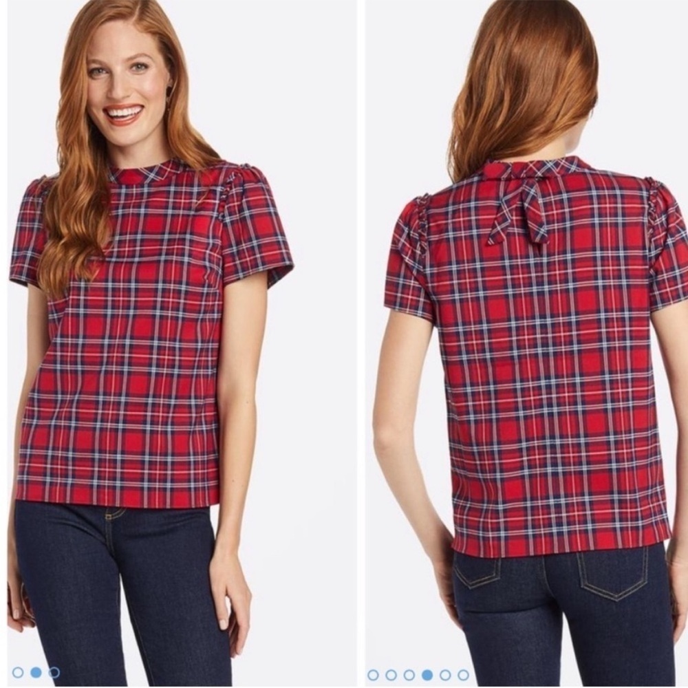 Draper James Angie Red/Blue Plaid Short Sleeve Ruffle w/ Bow Blouse/Top Size 1X